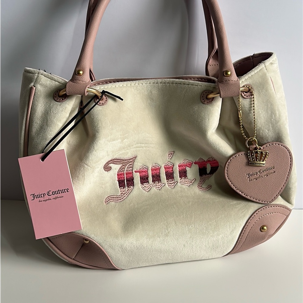 Juicy Couture Cream and Pink Velvet Tote Bag